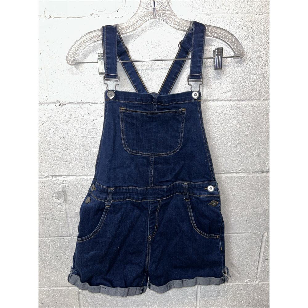 ModCloth Denim Shortall Overall Shorts Womens Medium Blue Stretch Cuffed Bibs E1